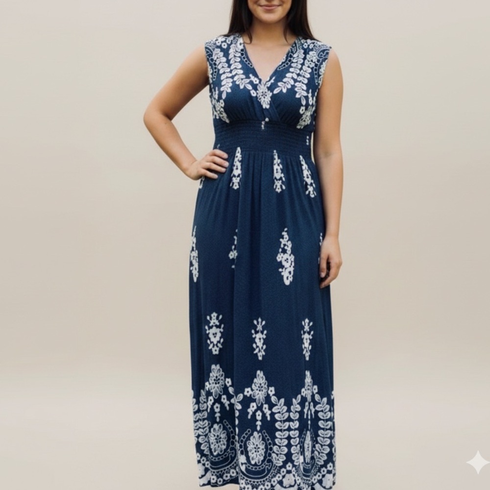 🎁 FREE W/ BUNDLE* Ana & Rose Sleeveless Elegant Navy Blue Floral Maxi Dress M